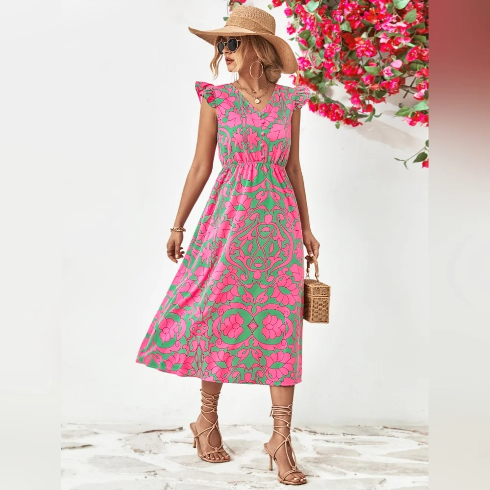 Floral V-Neck Cap Sleeve Dress - Picture 4 of 9